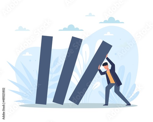 Attempt to prevent fall. Save situation. Lonely man trying to hold on wall, dominoes falling, hard pressure of troubles and problems, crisis in economic and life. Vector business concept