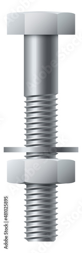 Bolt with washer and nut. Silver metal hex fastener