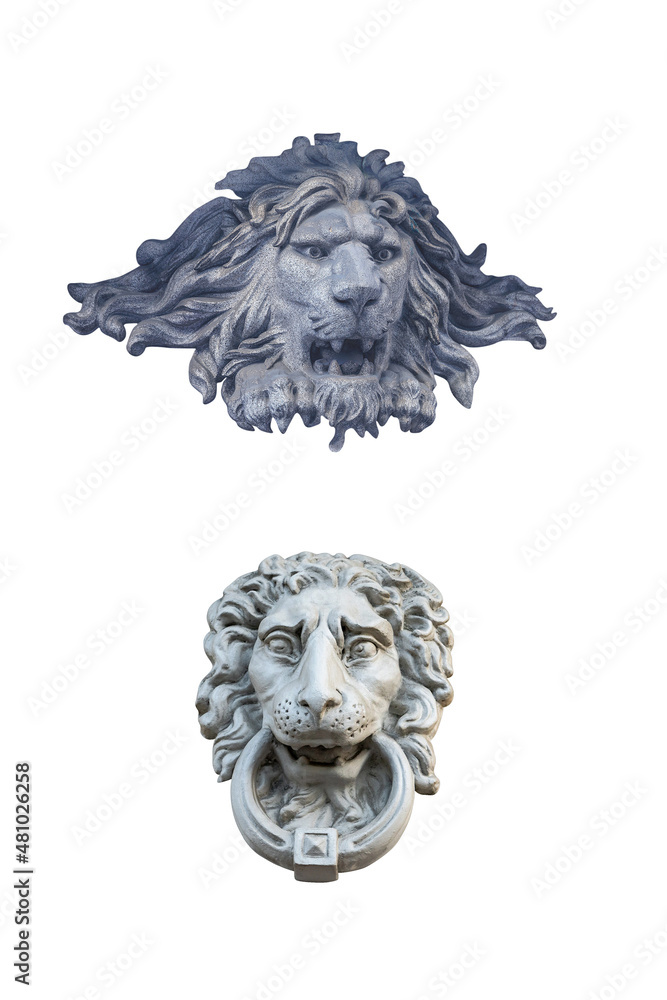 Obraz premium two plaster sculpture lion heads isolated on white background