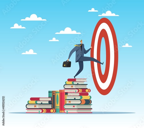 Business education is the way to the goal. Successful businessman on stacks of books, staff training and specialization, knowledge support. New opportunities. Vector isolated concept