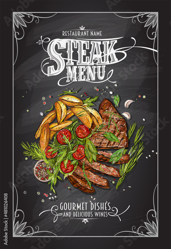 Steak menu chalkboard design with hand drawn illustration of a beef steak with fried potato