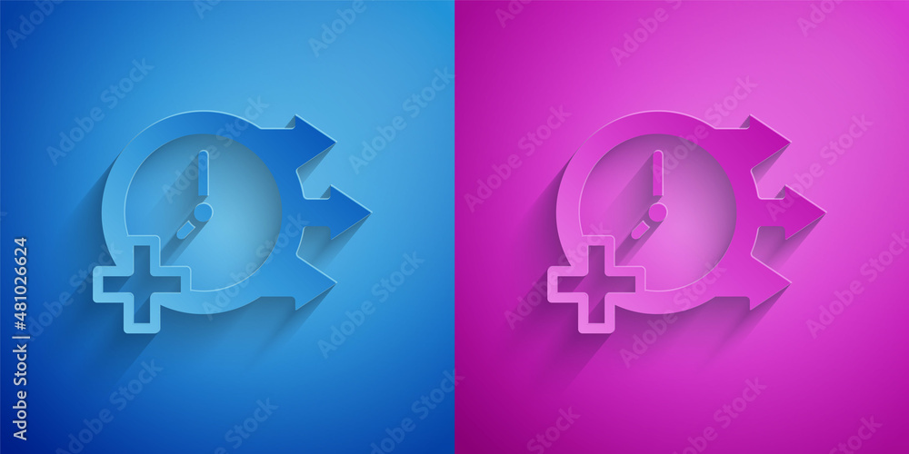 Paper cut Clock icon isolated on blue and purple background. Time symbol. Paper art style. Vector Paper cut Clock icon isolated on blue and purple background. Time symbol. Paper art style. Vector