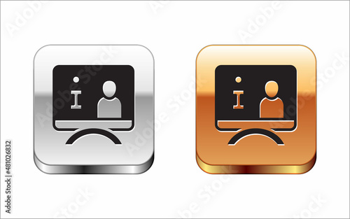 Black Television report icon isolated on white background. TV news. Silver and gold square buttons. Vector