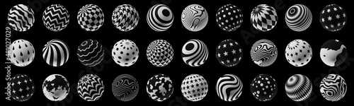 Set of spheres with a trendy abstract pattern on a clean black background. Realistic illustration 3D render.