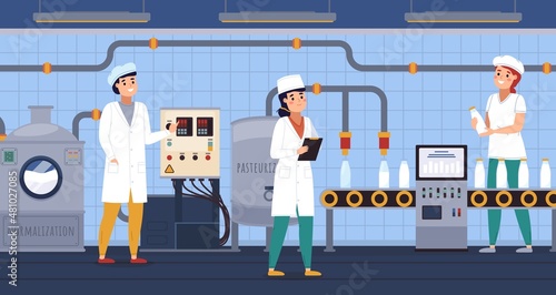 Dairy plant people. Milk factory workers, product packaging in containers, automatic bottling process, monitoring operation, automated line, food industry, vector isolated concept