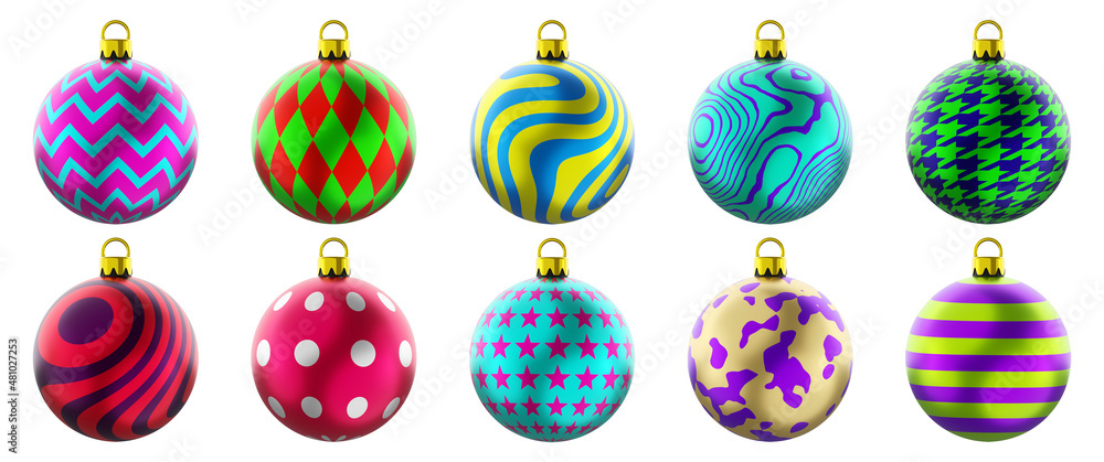 Set of christmas ball with pattern isolated on white background, christmas tree decoration, 3D render.