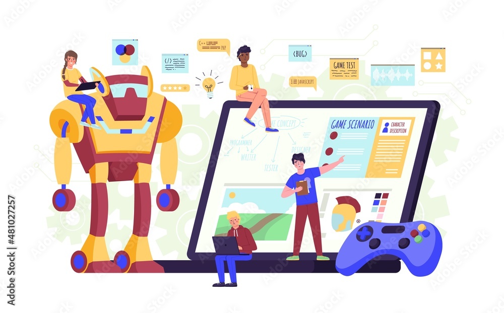 Game developers team. People group work, digital entertainment production process, gaming industry employee, geek lifestyle, tiny people with huge robot and laptop vector isolated concept