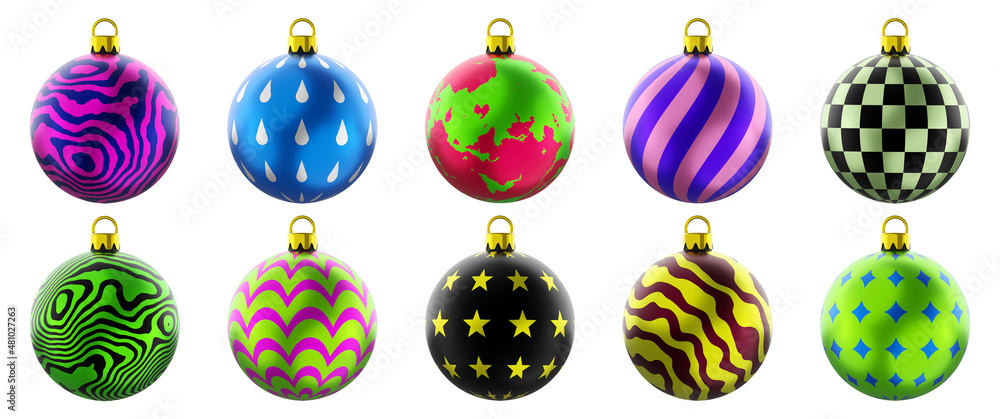 Set of christmas ball with pattern isolated on white background, christmas tree decoration, 3D render. Set of christmas ball with pattern isolated on white background, christmas tree decoration, 3D render.
