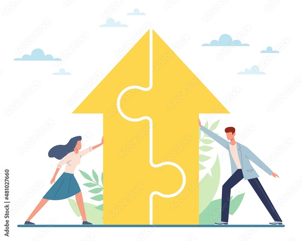 Joint cooperation. Man and woman connect big puzzle, people collaboration and business partnership, working characters solution creation, teamwork concept vector isolated illustration Joint cooperation. Man and woman connect big puzzle, people collaboration and business partnership, working characters solution creation, teamwork concept vector isolated illustration