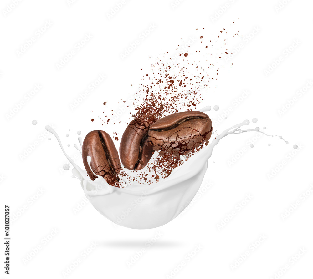 Three crushed coffee beans in milk splashes