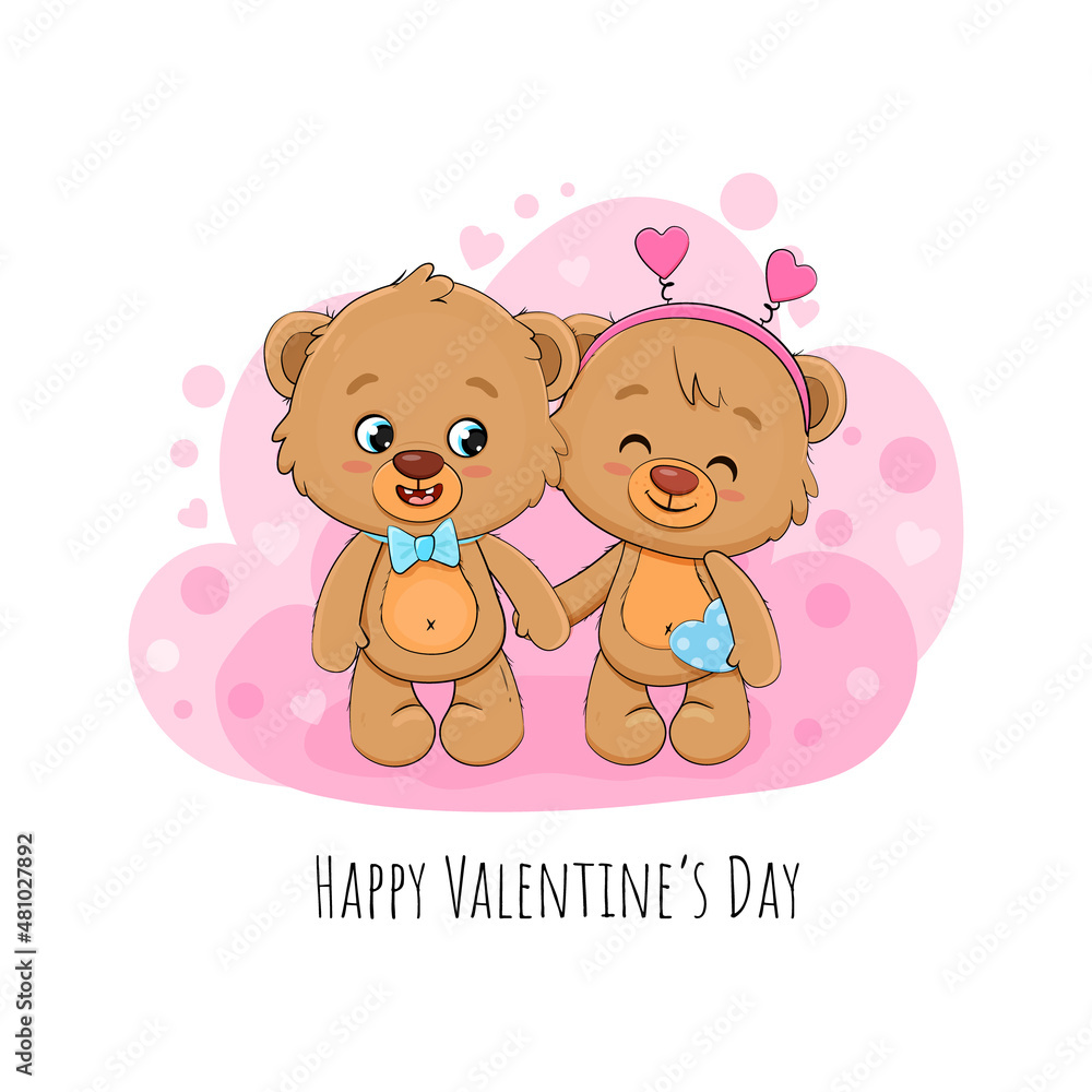 Cute cartoon teddy bear with heart on a pink background. Valentines day. Vector illustration