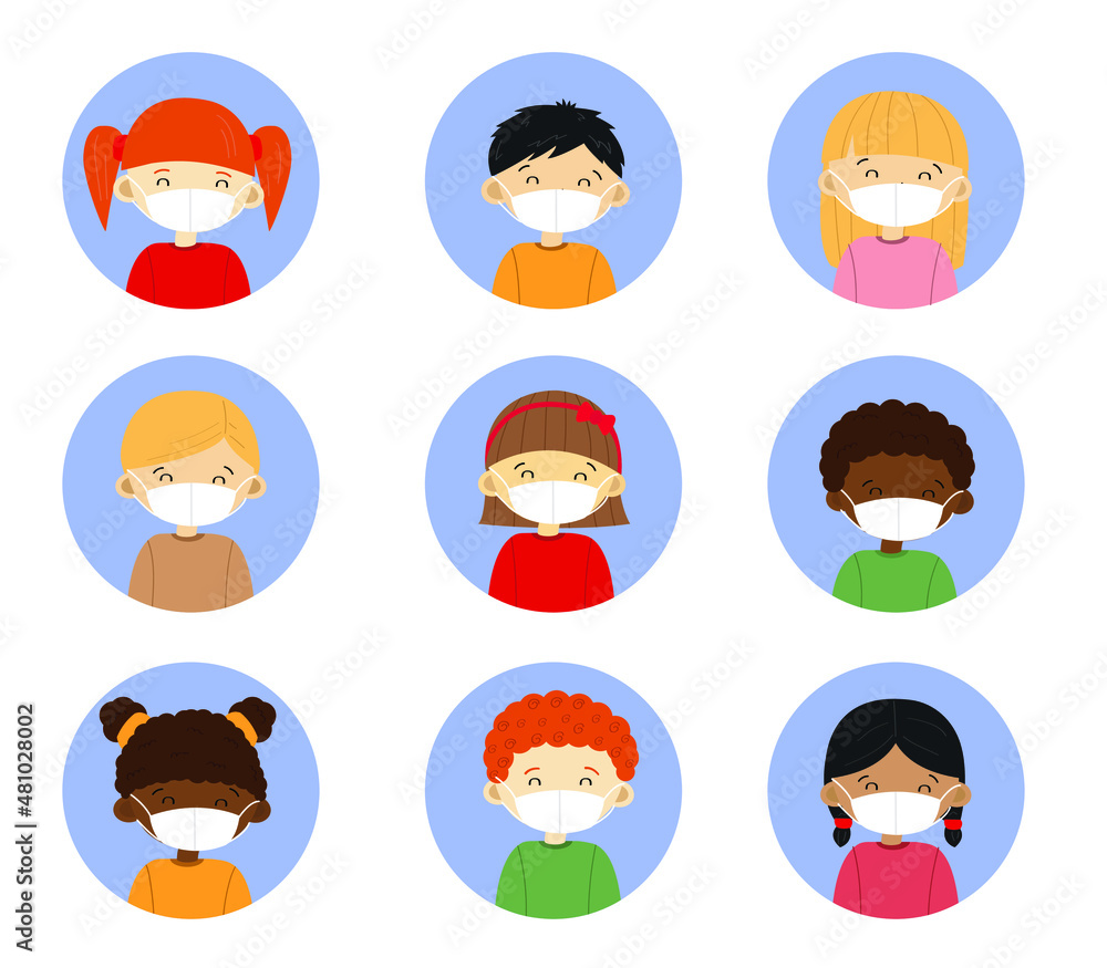 Set of children avatars. Collection of hand drawn kids wearing medical face masks. Boys and girls of different ethnicity. Set of children avatars. Collection of hand drawn kids wearing medical face masks. Boys and girls of different ethnicity.