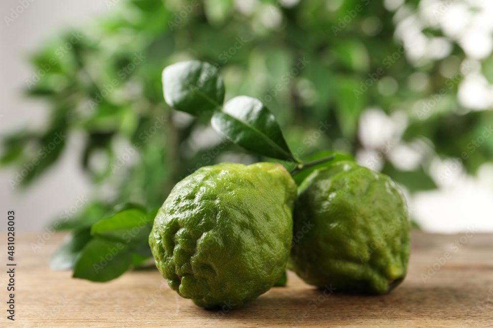 Obraz premium Fresh ripe bergamot fruits with green leaves on wooden table against blurred background