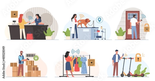 Radio frequency identification technology. Electronic tags, automatic detection, people with scanners, payments and door opening, delivery and shopping business automatization vector set photo