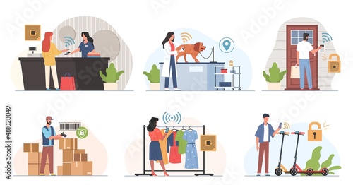 Radio frequency identification technology. Electronic tags, automatic detection, people with scanners, payments and door opening, delivery and shopping business automatization vector set