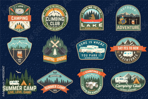 Set of Summer camp patches. Vector Concept for shirt or logo, print, stamp, patch or tee. Vintage typography design with rv trailer, camping tent, forest, mountain silhouette