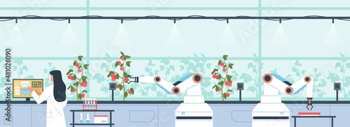 Robotic watering farm plants. Automatic irrigation of greenhouse tomatoes, smart gardening, digital monitoring of conditions, robotic arms, smart agriculture vector isolated concept