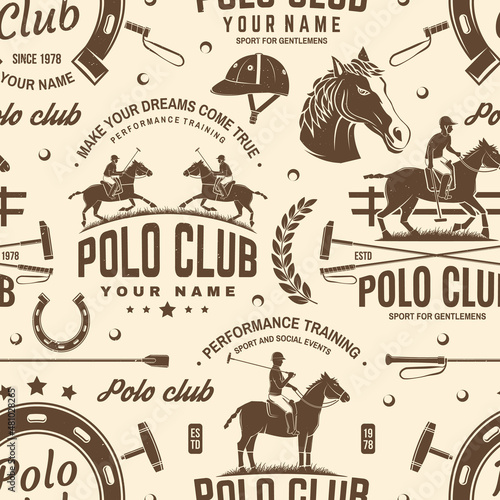 Polo sport club seamless pattern. Vector illustration. Vintage monochrome equestrian background with rider and horse silhouettes. Concept for polo sport pattern background or wallpaper.