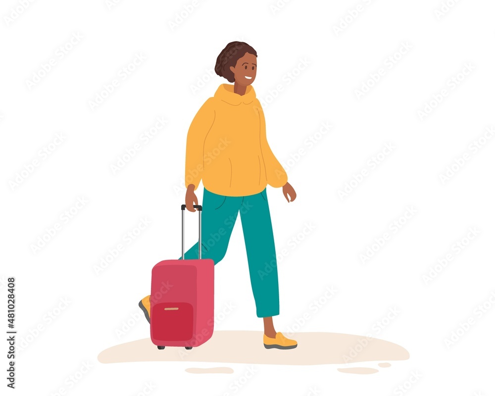 Smiling young woman with red suitcase walking down street. Tourism and travel concept. African American girl wearing casual clothes. Colored flat cartoon vector illustration isolated Smiling young woman with red suitcase walking down street. Tourism and travel concept. African American girl wearing casual clothes. Colored flat cartoon vector illustration isolated