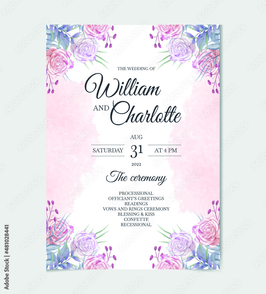 Elegant wedding invitation card with beautiful roses floral watercolor vector
