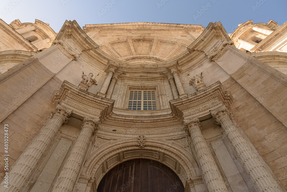 Facade of the baroque cathedral of Cadiz, Andalusia, Spain