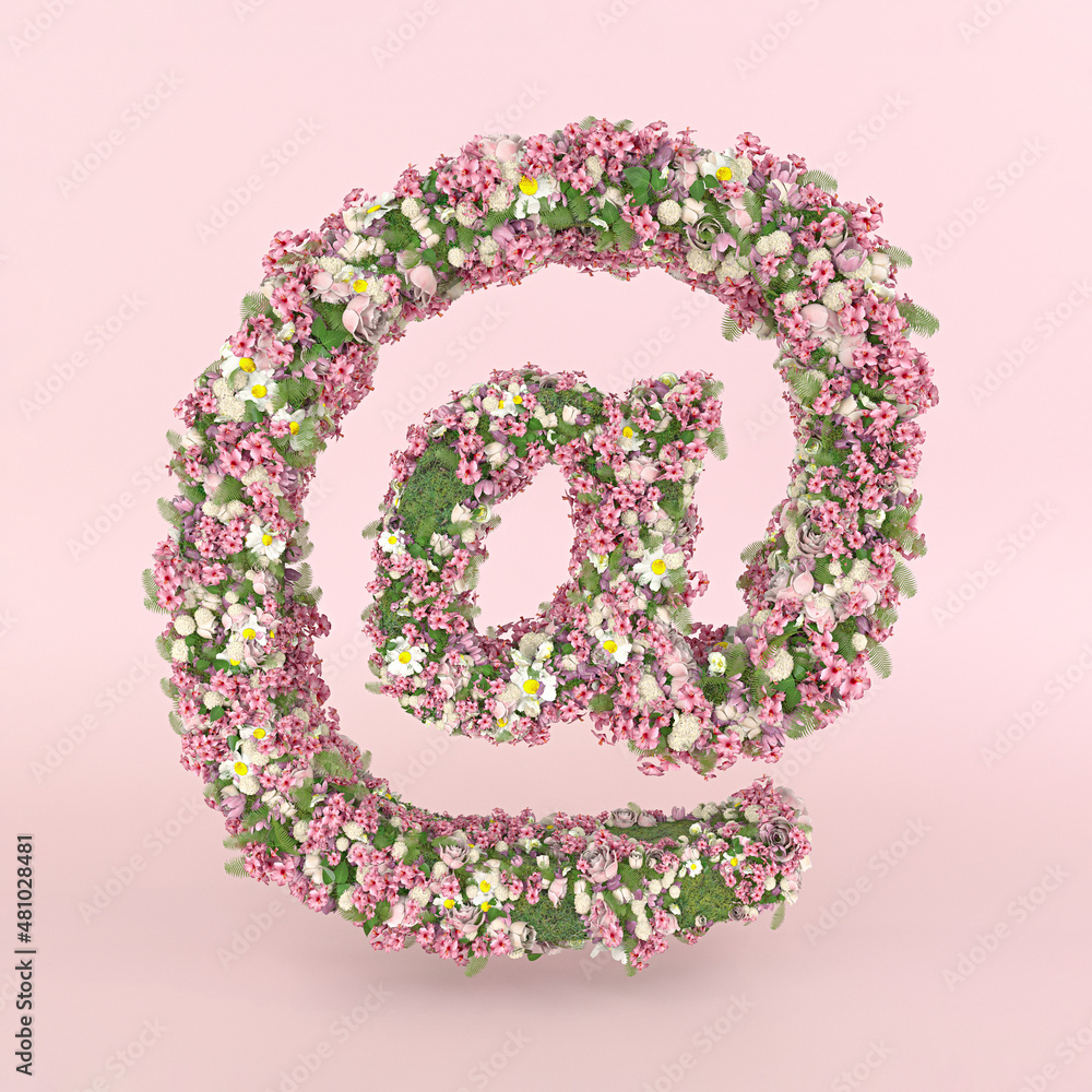 Creative character for email at sign concept made of fresh Spring wedding flowers. Flower font concept on pastel pink background..