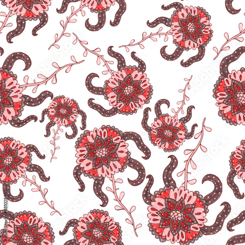 Watercolor seamless pattern with folky flowers and leaves in ethnic style. Floral decoration. Traditional paisley pattern. Textile design texture.Tribal ethnic vintage seamless pattern.	