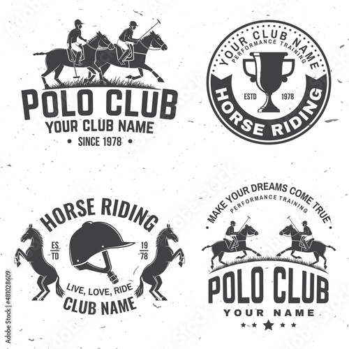 Set of polo and horse riding club patch, emblem, logo. Vector illustration. Templates for polo and horse riding sports club. Vintage monochrome label with equestrian, rider, helmet and horse