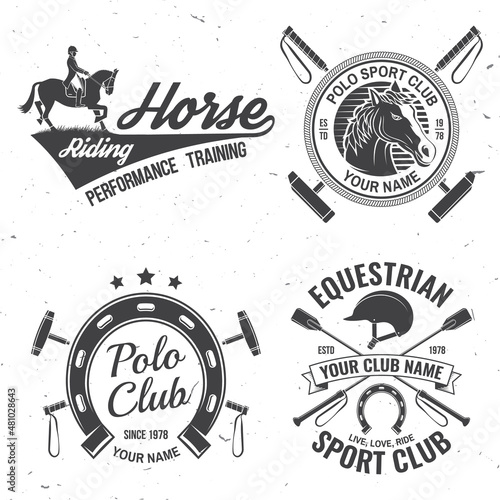 Set of polo and horse riding club patch, emblem, logo. Vector illustration. Templates for polo and horse riding sports club. Vintage monochrome label with equestrian, rider, helmet and horse