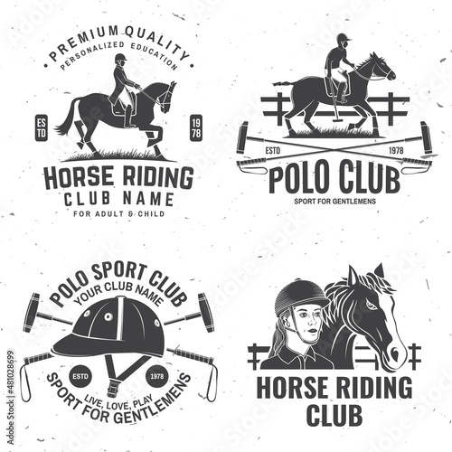 Set of polo and horse riding club patch, emblem, logo. Vector illustration. Templates for polo and horse riding sports club.