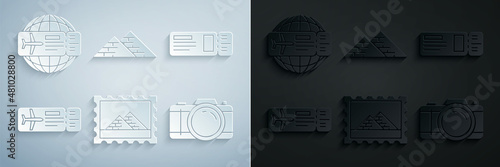 Set Postal stamp and Egypt pyramids, Travel ticket, Airline, Photo camera, and icon. Vector