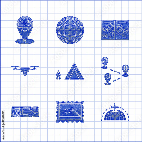 Set Tourist tent with wood fire, Route location, Cruise ticket for traveling by ship, Drone action video camera, Passport pages visa stamps and Map pointer Egypt pyramids icon. Vector