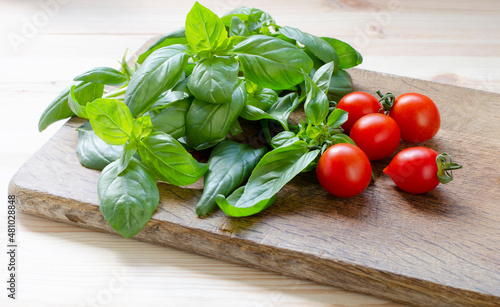 Fresh small cherry tomatoes with fragrant basil for cooking delicious food