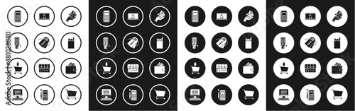 Set Human hand holding with credit card, Price tag inscription Sale, Pos terminal inserted, Paper shopping bag food, Shopping cart screen laptop, Wallet stacks paper money cash and Add icon. Vector
