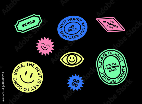 Cool Trendy Patches Vector Design. Abstract background with smiley stickers. Good Vibes, Positive Energy and Smile Badges.
