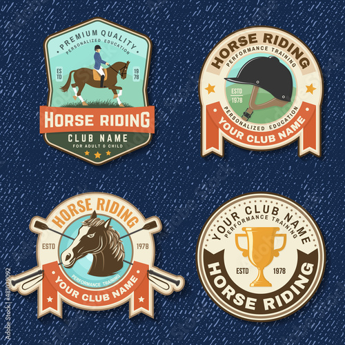 Set of Horse racing sport club badge, patch, emblem, logo. Vector illustration. Vintage equestrian label, sticker with rider and horse silhouettes. Horseback riding sport