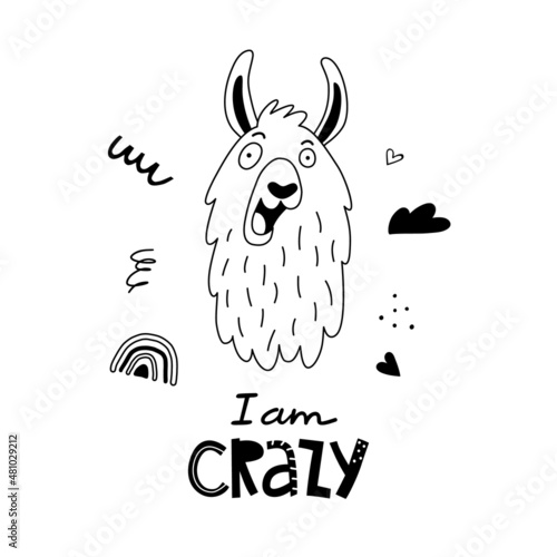 Funny llama or alpaca face poster with cute lettering in hand drawn style. Outline hand drawing. Perfect for t-shirt, apparel, cards, poster, nursery. Isolated on white background vector illustration