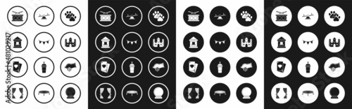 Set Paw print, Carnival garland with flags, Ticket box office, Drum drum sticks, Castle, Seesaw, Cannon and Playing card icon. Vector