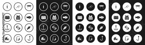 Set Fishing lure, jacket, Calendar with fish, float, line hook and, on and icon. Vector