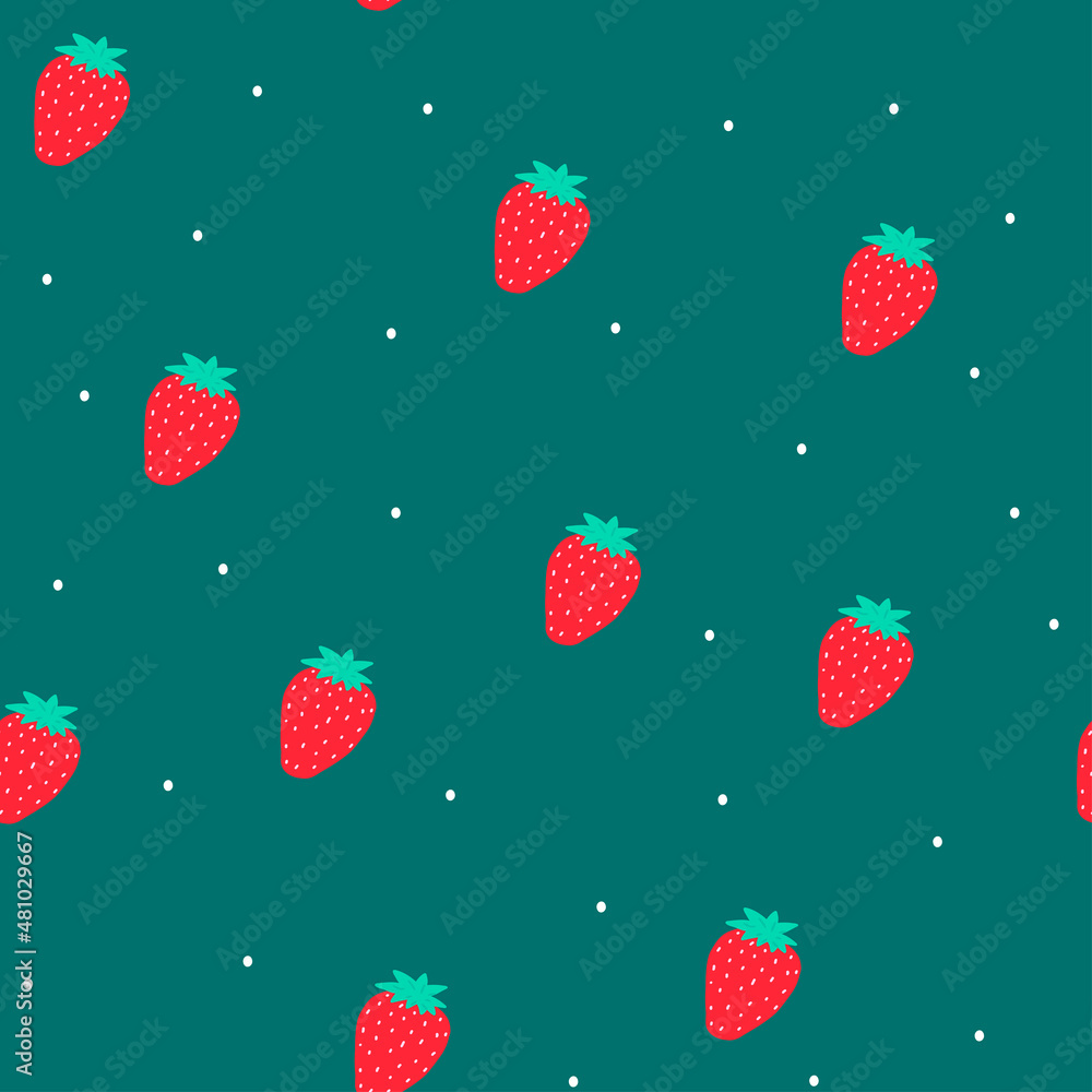 Bright seamless pattern with red abstract strawberry and dots,vector illustration for textile, cover design,wallpaper,colorful print for kitchen fabric,summer fruit background,flat clip art.