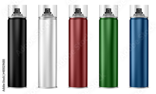 Aerosol spray can. Aluminum cylinder paint bottle. Steel aerosol tin, graffiti paint art sprayer, isolated realistic template with plastic cap, red, green, blue, black color container design