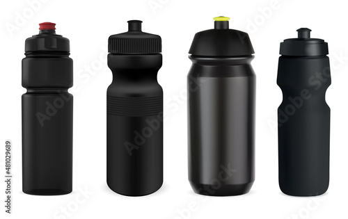 Bicycle sport water bottle, black plastic vector mockup. Cycling equipment blank template. Realistic reusable plastic can for biking, workout training. Travel activity adventure camping flask
