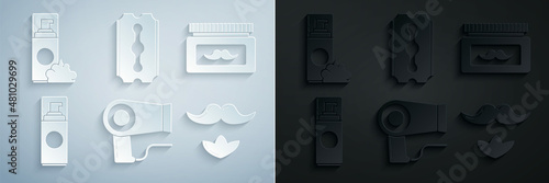 Set Hair dryer, Cream or lotion cosmetic jar, Shaving gel foam, Mustache and beard, Blade razor and icon. Vector