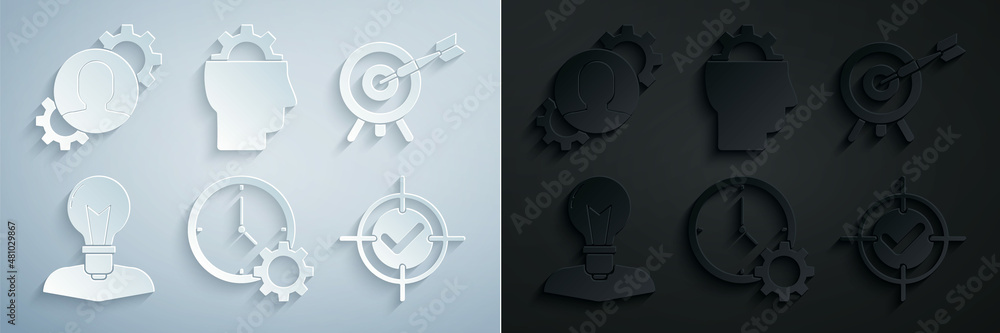 Set Time Management, Target with arrow, Human head lamp bulb, and check mark, gear inside and icon. Vector Set Time Management, Target with arrow, Human head lamp bulb, and check mark, gear inside and icon. Vector