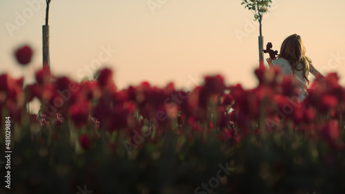 Photo Back view of female musician in tulip field