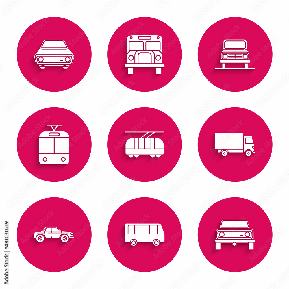 Set Tram and railway, Bus, Off road car, Delivery cargo truck vehicle, Sedan, Car and icon. Vector Set Tram and railway, Bus, Off road car, Delivery cargo truck vehicle, Sedan, Car and icon. Vector