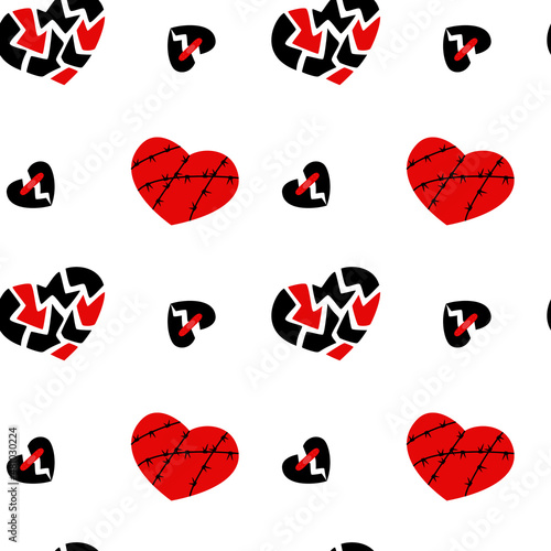 Seamless pattern with broken hearts and hearts in barbed wire. Symbol of disappointment and pain. Items for the feast of love. Great template for design, postcard, print, wrapping. Vector illustration
