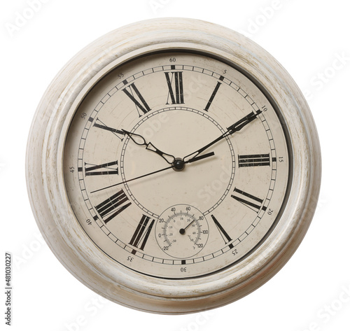 Stylish vintage wall clock isolated on white