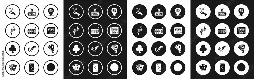 Set Casino location, Slot machine with lucky sevens jackpot, chips exchange stacks of dollars, Hand holding casino, Online poker table game, win, playing cards and Playing clubs symbol icon. Vector Set Casino location, Slot machine with lucky sevens jackpot, chips exchange stacks of dollars, Hand holding casino, Online poker table game, win, playing cards and Playing clubs symbol icon. Vector