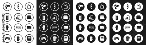 Set Television, Vacuum cleaner, Remote control, Hair dryer, Toaster with toasts, Smart watch showing heart beat rate, Laptop and Table lamp icon. Vector